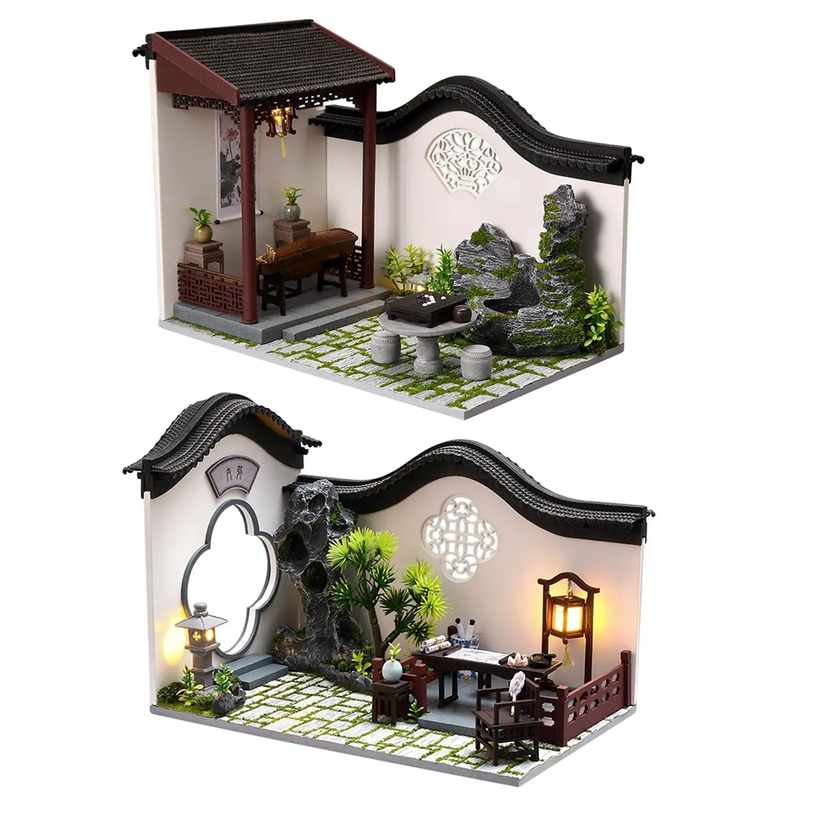 Miniatuur poppenhuis met LED-licht en meubilair Chinese binnenplaatsarchitectuur