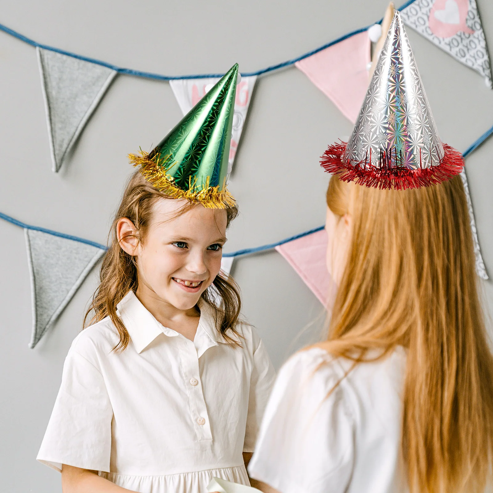 

12pcs Triangle Party Hats Lace Trim Glitter Tassel Edge For Birthday Festival Graduation Adults Cone Hat Celebration