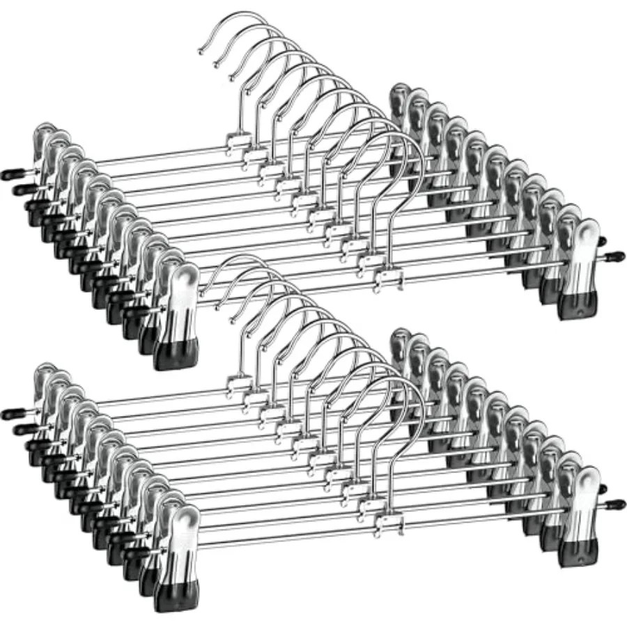 Perchas Metálicas para Pantalones con Pinzas - Paquete de 20 Perchas Ahorradoras de Espacio para Faldas de Mujer - Pinzas Ajustables Antideslizantes Cromadas para Pantalones Talla S