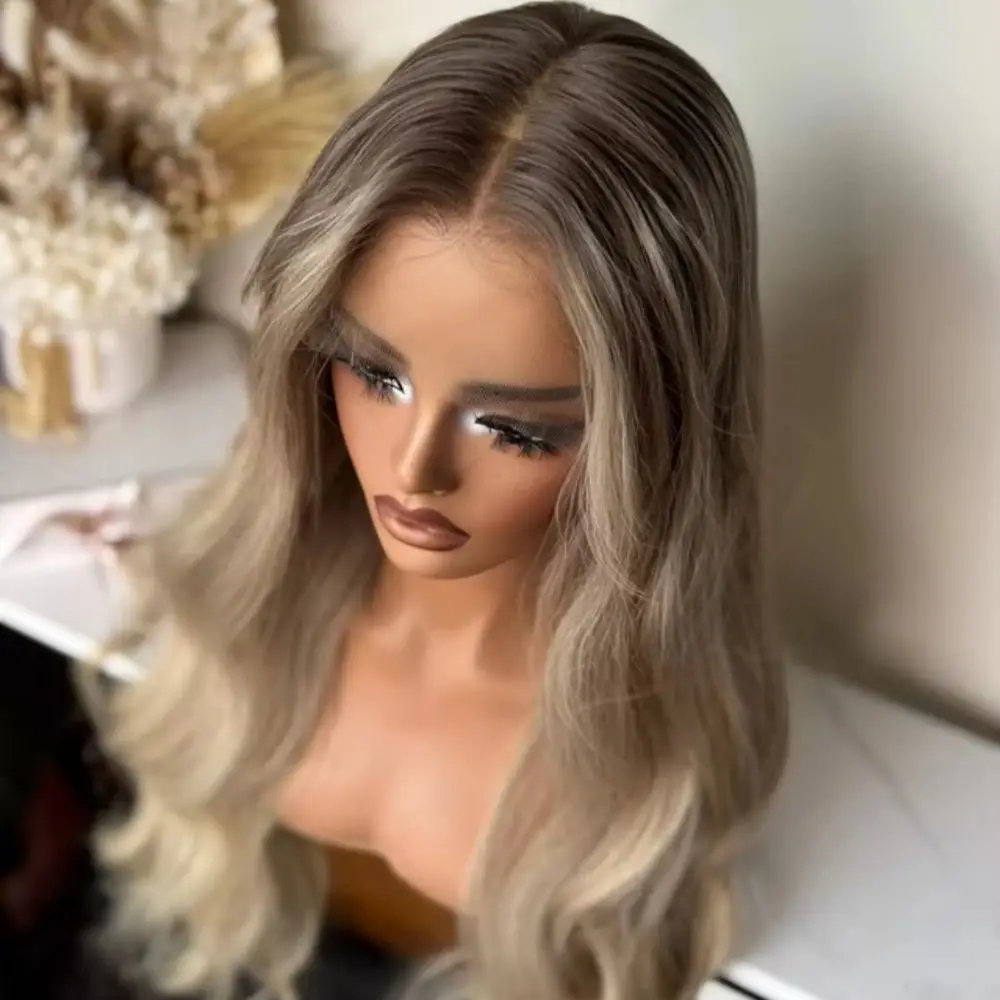 Balayage Highlight Lace Front Wig Long Wavy Ombre Blonde 13x4 Synthetic Lace Front Wigs for Women 28 Inches
