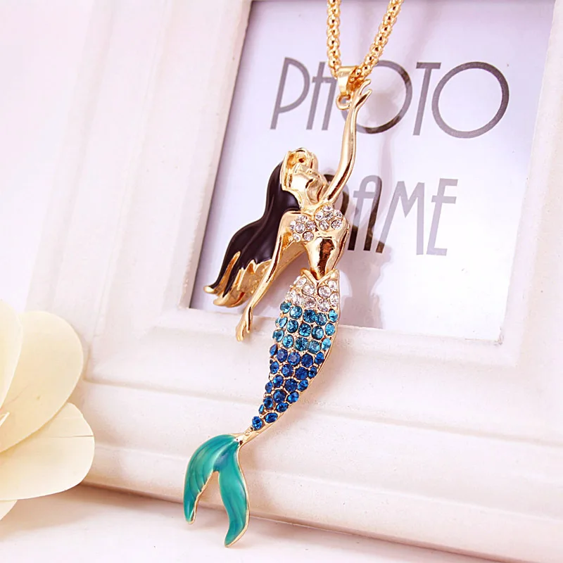 Enamel Crystal Mermaid Fashion Bohemian Long Chain Necklaces Pendants For Women X600