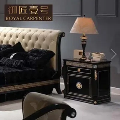 

French furniture custom solid wood gold foil bedside table black steel painted storage mesas de noche bedroom furniture