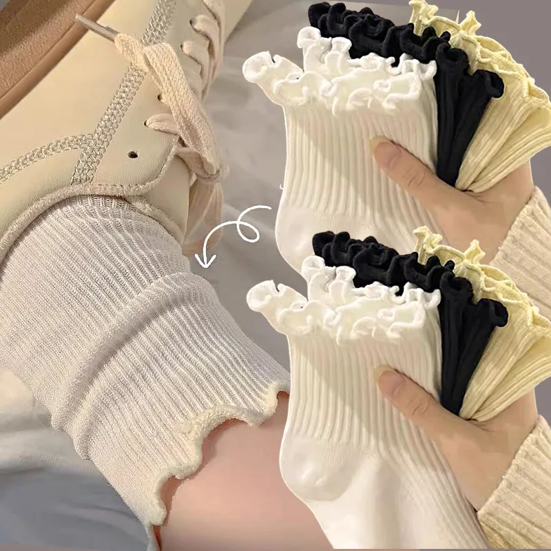 1/5pairs Harajuku Ruffle Socks Women Sweet Cotton Middle Tube Black White Socks Jk Lolita Soft Breathable Ankle Loose Short Sock