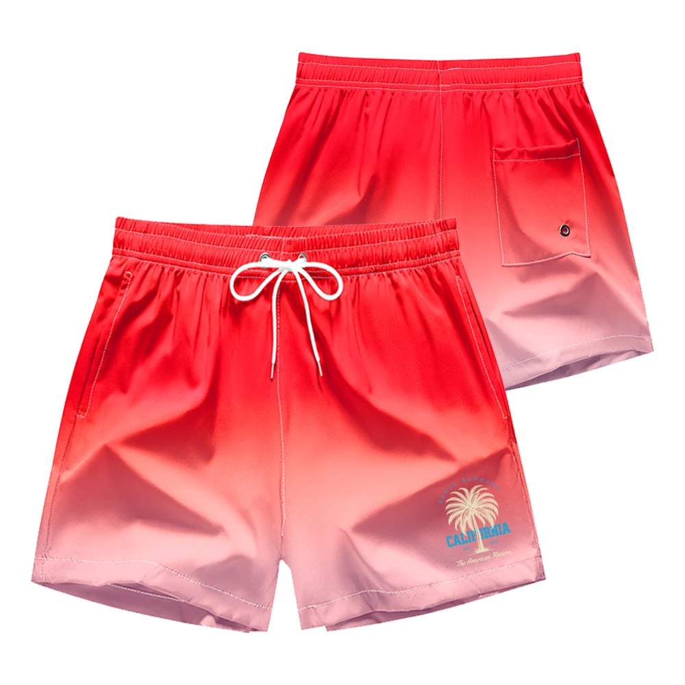Men's Swim Trunks Beach Shorts Gradient Color Palm Tree Print Quick Dry Swimwear Mesh Lining Board Shorts Male Casual Shorts