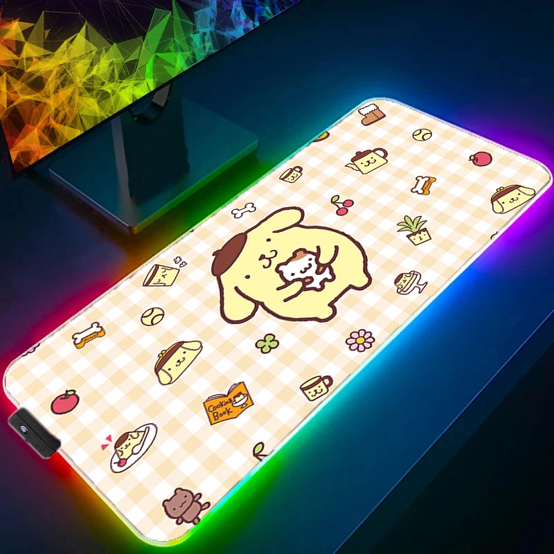 Imagem -02 - Rgb Led Mouse Pad com Padrão Pom Pom Purin Borda de Bloqueio Mousepad Tapete de Borracha Mesa Cup Mat Kawaii Sanrio Computador Gaming Teclado