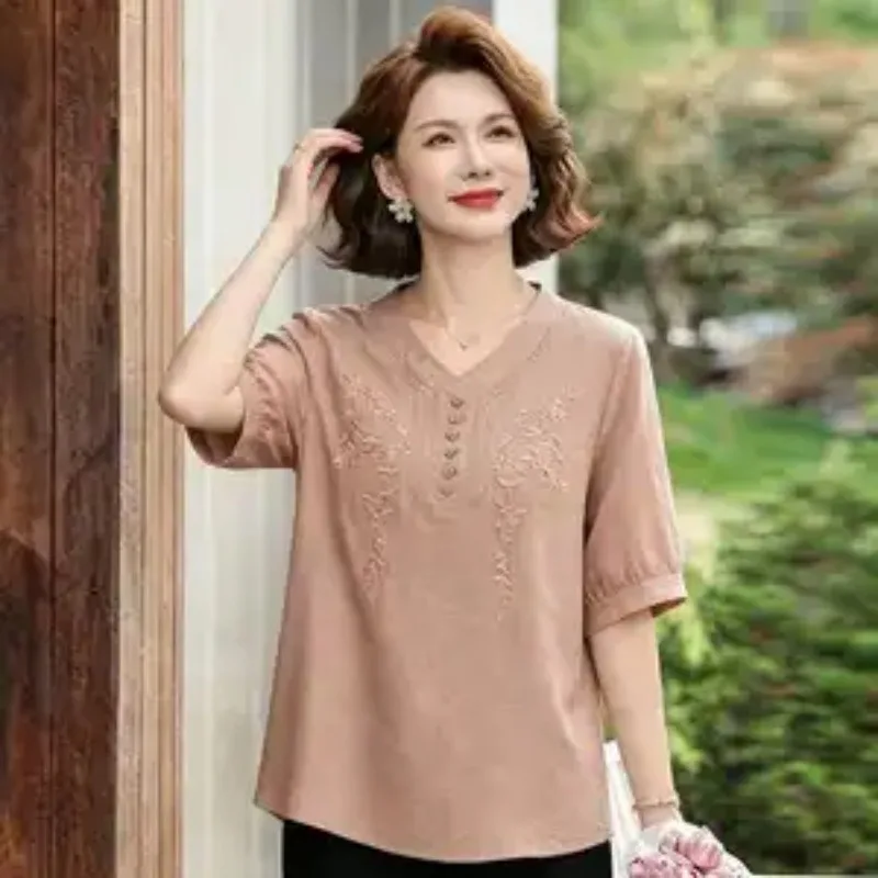 Mature Elderly Women Embroidered V Neck Blouse Loose Short Sleeve Two Piece Set Summer Casual Daily Mom Outfit S-4XL