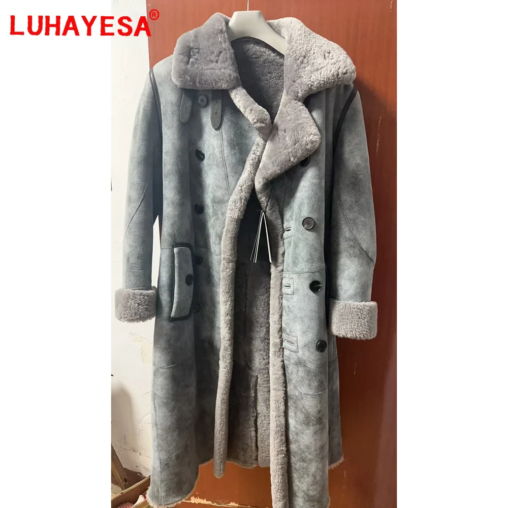 Luxury Men\'s Sheepskin Coat Genuine Leather Male Formal Casual Winter Long Thick Jacket Sheepskin Shearling Men Fur Outwear 5XL