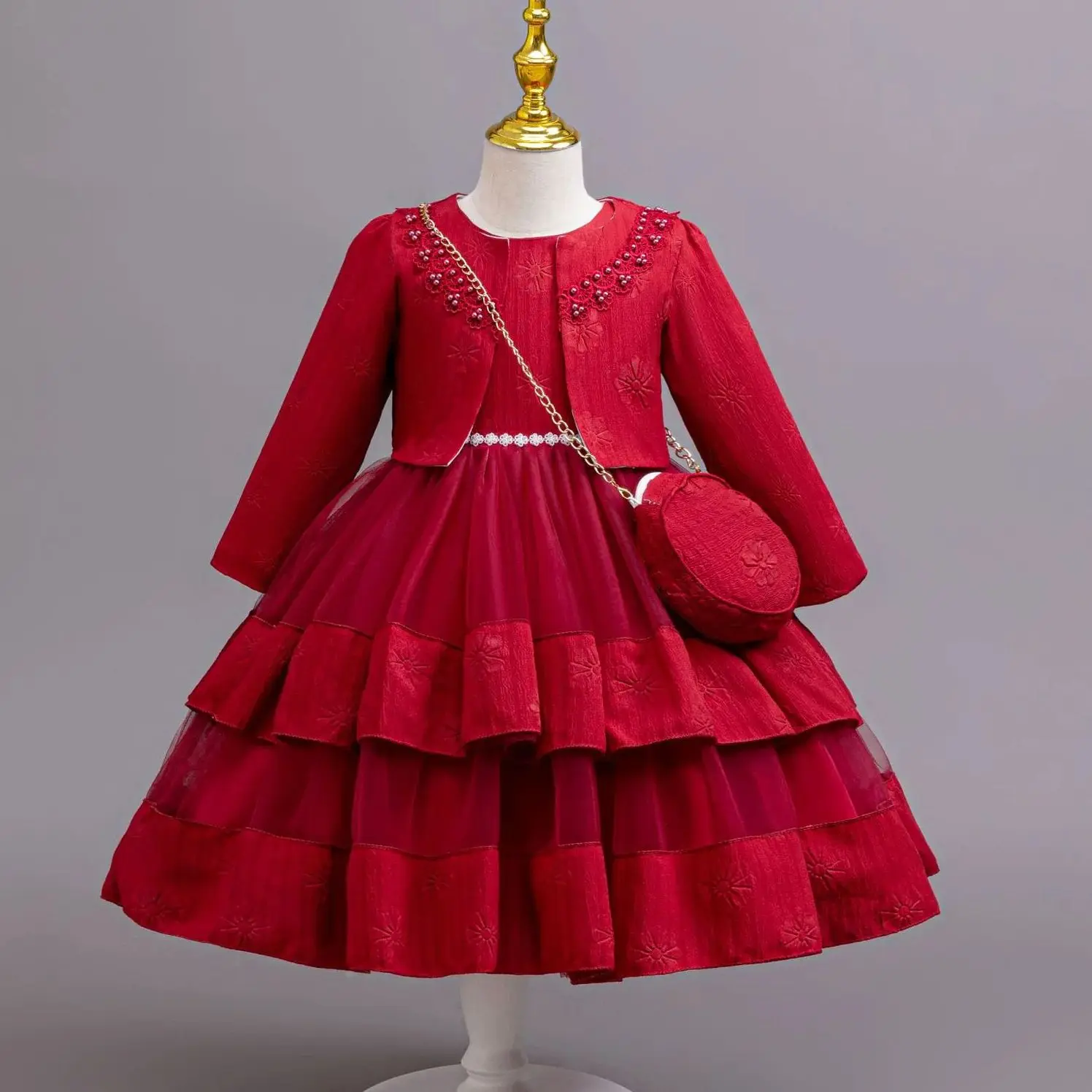 

Элегантная юбка принцессы с длинными рукавами и жемчужной вышивкой для девочек, рождественская вечеринка, праздничное представление, детская вечеринка, причастие, рождение