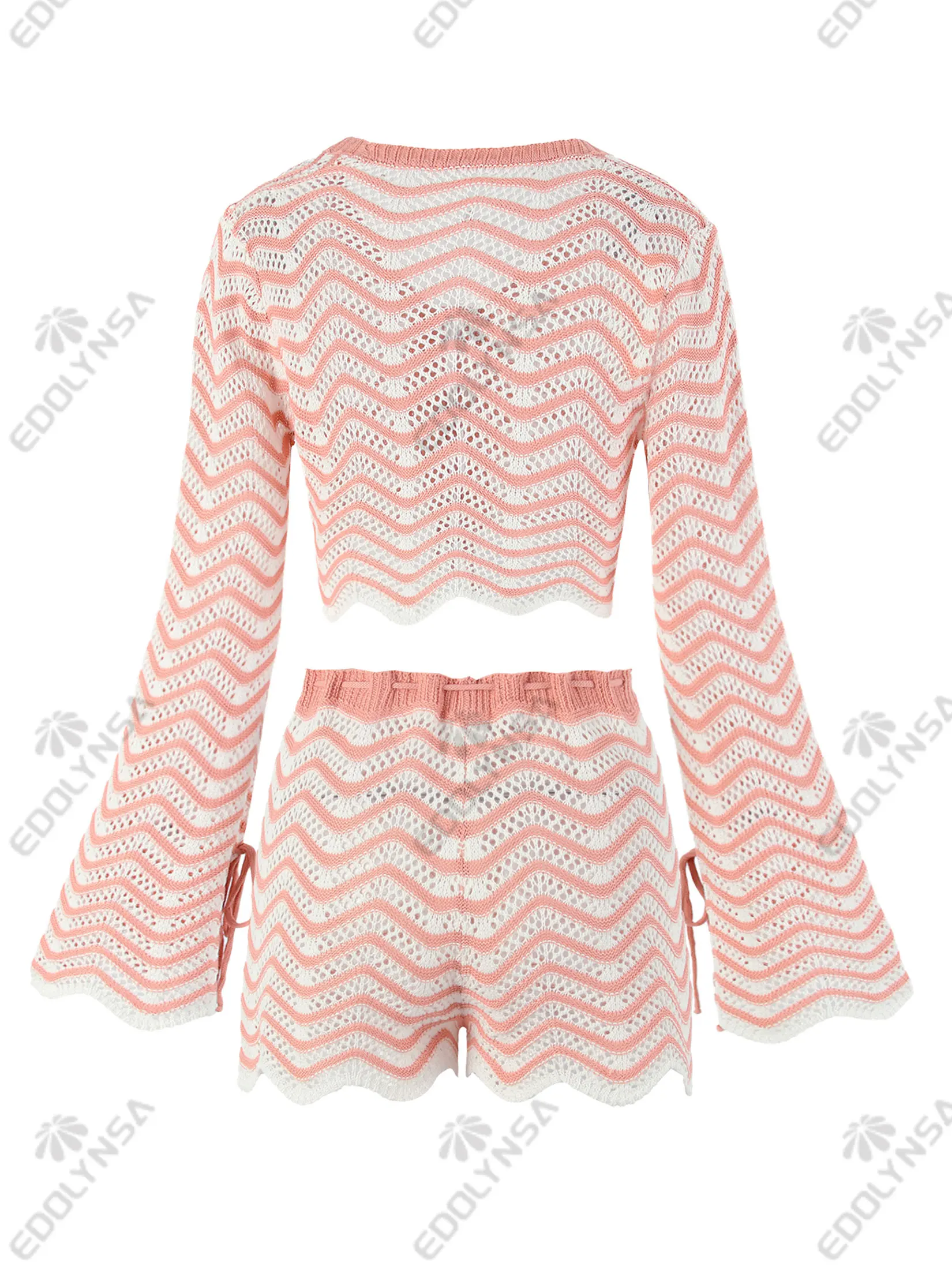 2025 Summer Sexy V-neck Lace-up Bell Sleeve Knit Short Top Shorts Two Piece Women Boho Striped Beach Swimsuit Cover Up Sets K195