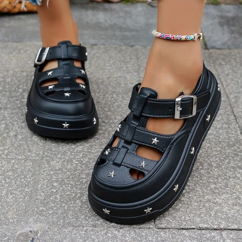 Summer Women PlatformClosedToe Sandals Star Rivet Ankle Buckle Hollow Out Non Slip Thick Sole Daily Outdoor Walking Casual Shoes