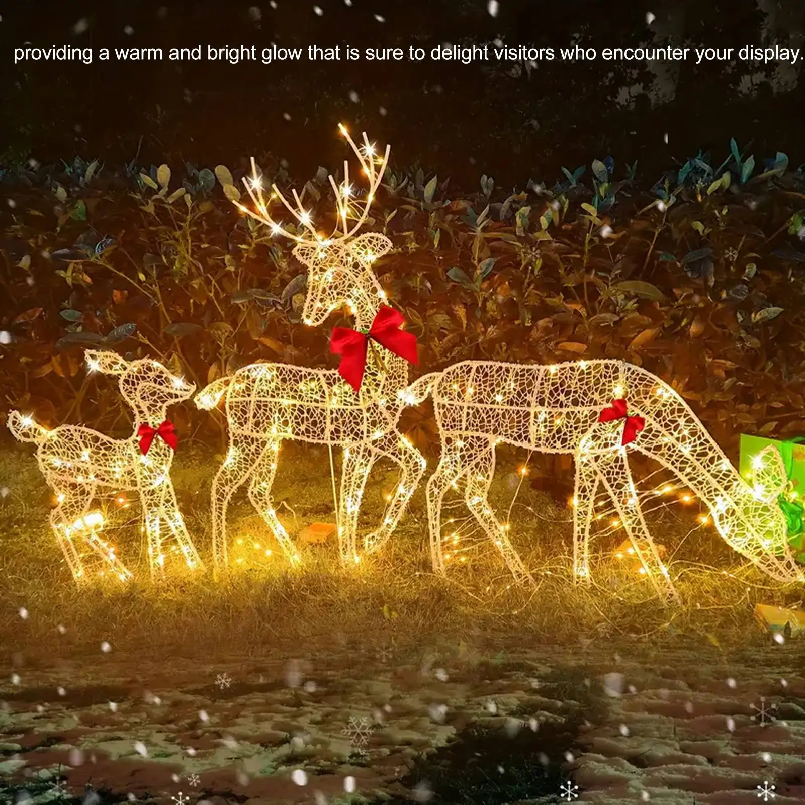 3 Piece Lighted Christmas Deer Family Set Outdoor Yard Decoration with LED Lights Red Bows Mother Child Reindeer Garden Decor