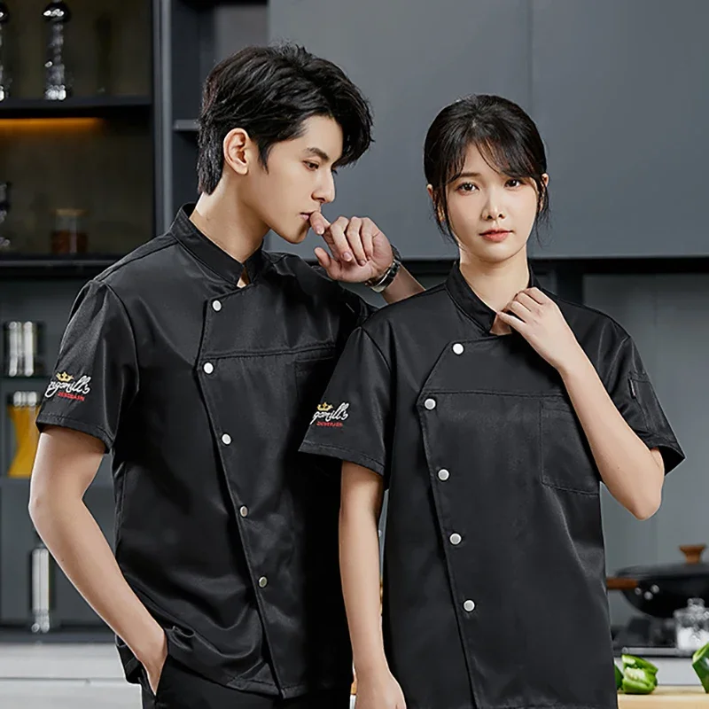 Veste de chef unisexe à manches courtes, manteau de cuisine, chemise uniforme de restaurant