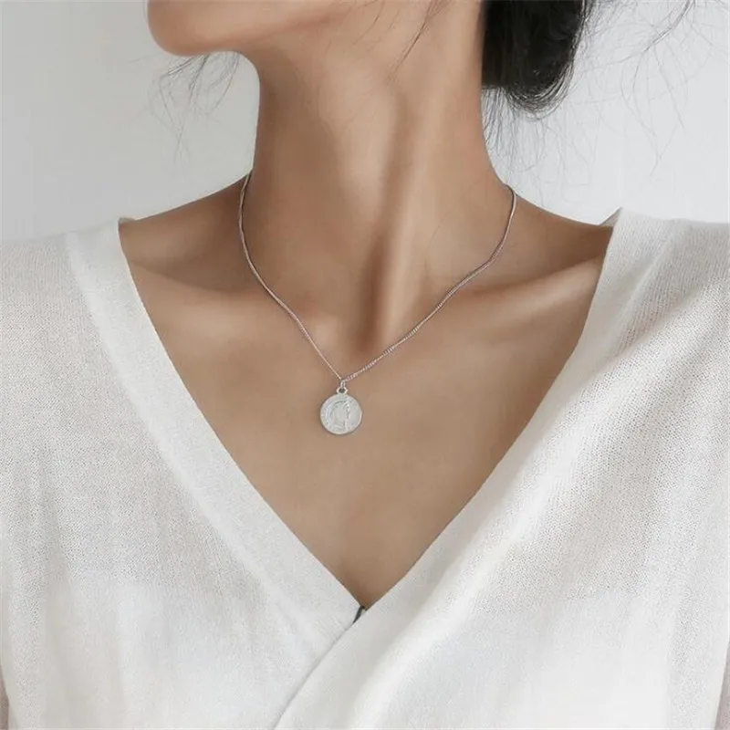 Pentacle Coin Pendant Necklace, 925 Sterling Silver