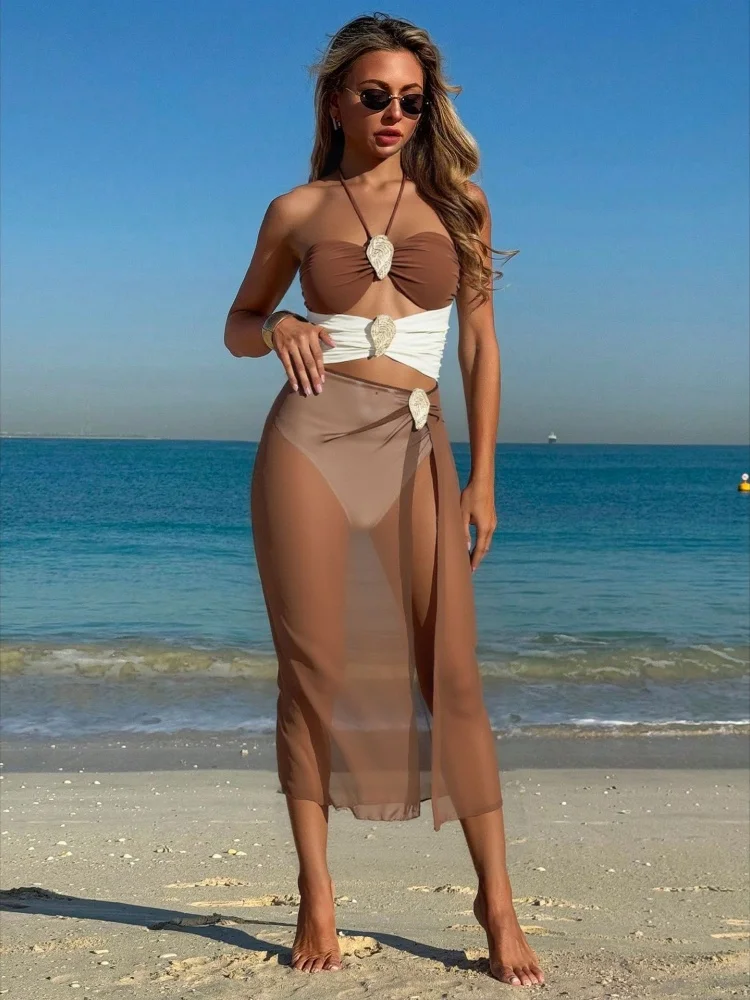 Women Halter Bikini Set Shell Deco Wrap Waist Band High Slit Mesh Maxi Skirt Cover Up Solid Color Beachwear Holiday Party