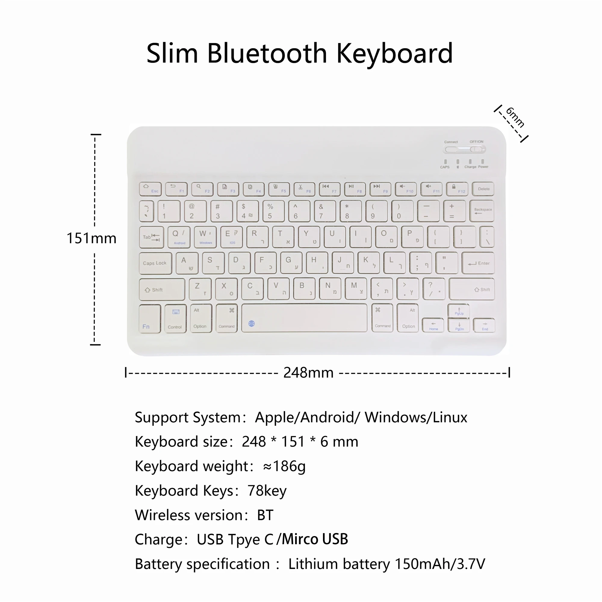 Hebrew Language Ultra-Slim Bluetooth Keyboard Portable Mini Wireless Rechargeable for Apple iPad iPhone MacBook