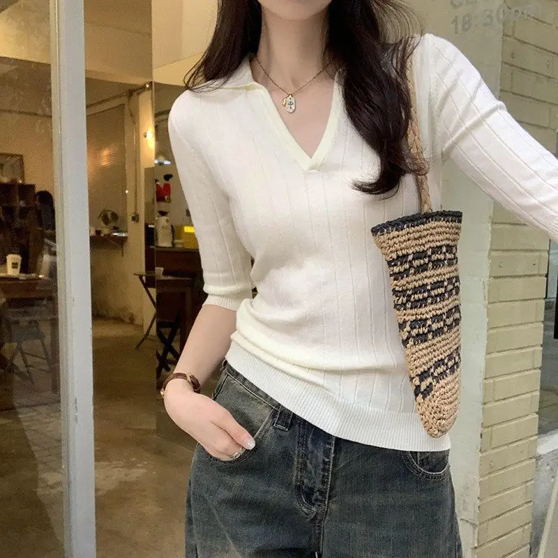 Women Clothing Summer New Half Sleeve Solid Simplicity Temperament Pullovers Top Neck Slim Elegant T Shirts Fashion Korean