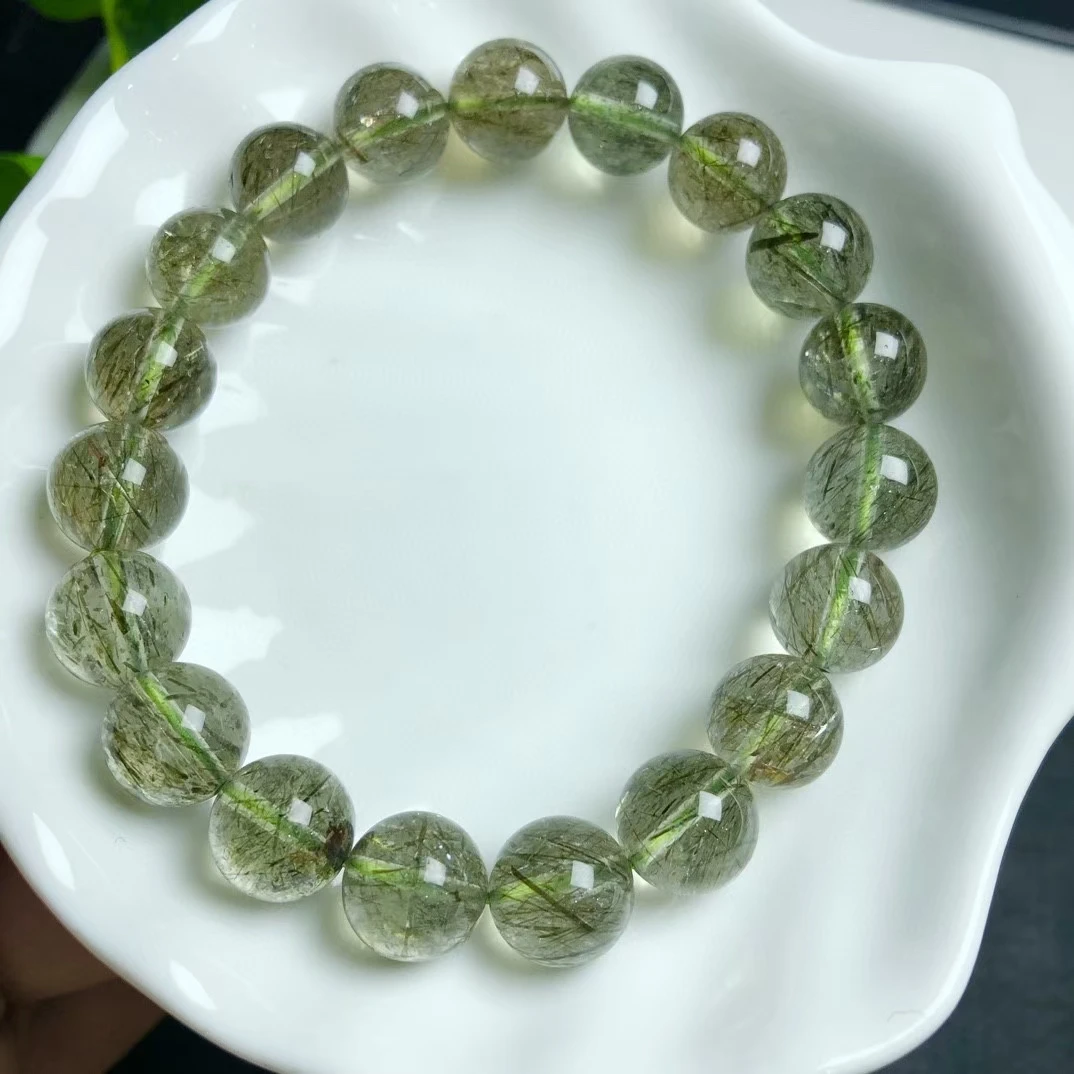 Natural Green Tourmilated Rutilated Quartz Clear Round Beads Bracelet Jewelry Women Men Fashion Best Stone AAAAA