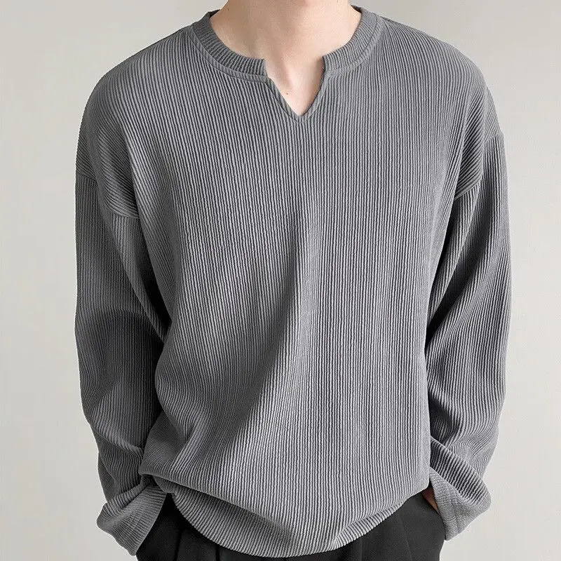 Spring Autumn New V-neck Fashion Long Sleeve T-Shirts Man Solid Color Striped Pullovers High Street Casual Loose Comfortable Top