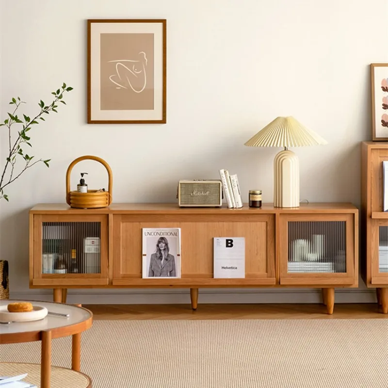 

Solid wood TV cabinet coffee table combination Nordic style cherry wood log rattan furniture small apartment modern and simple