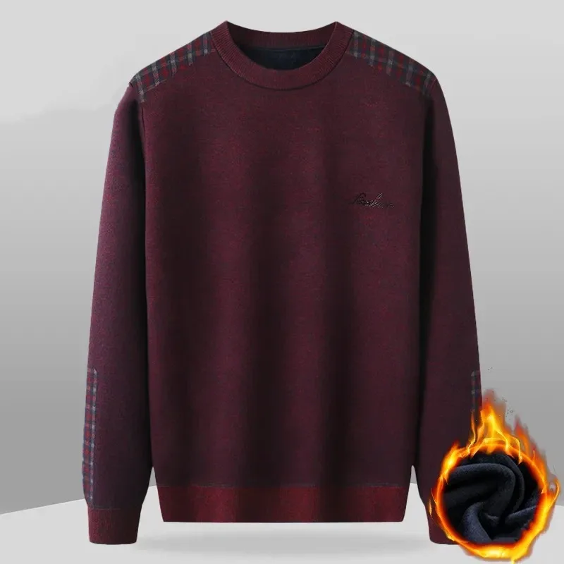 

Мужской вязаный низ для пожилых людей среднего возраста, бархатный утолщенный зимний свитер с круглым вырезом, теплый топ