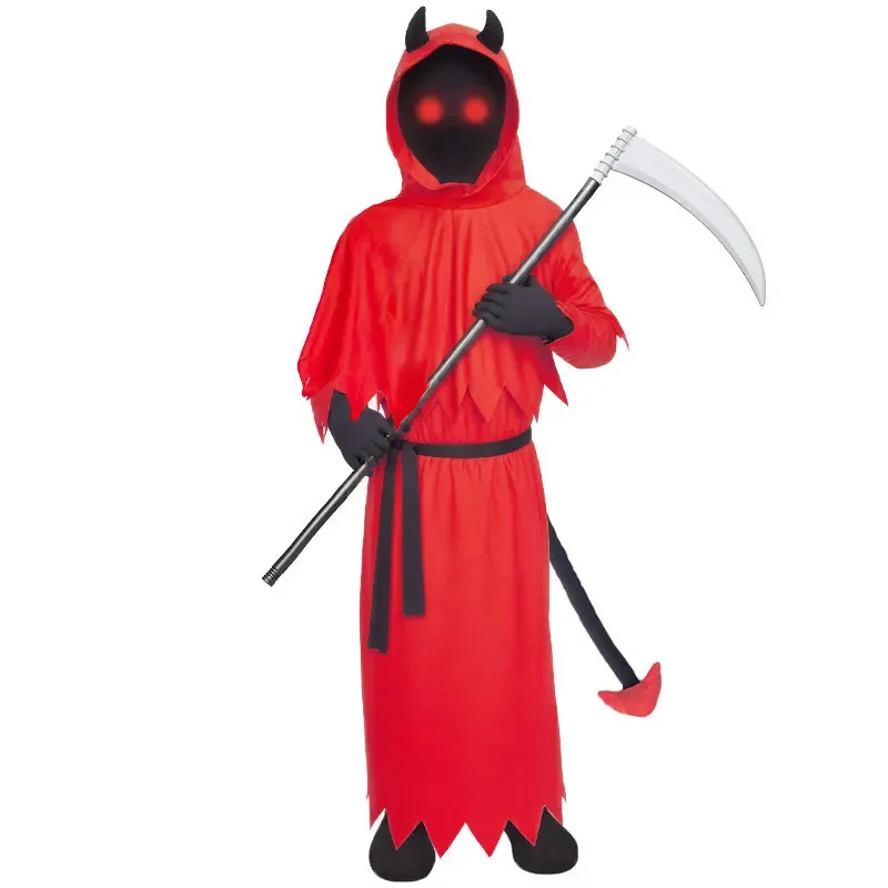4PCS/SET Halloween Party & Festival DIY Decoration Polyester Red Devil Hooded Robe Set With Horn Headpiece Belt Tail Masquerade