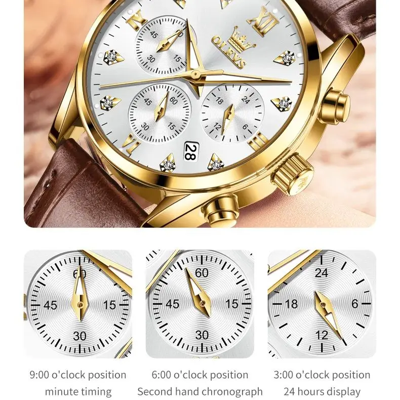 OLEVS Quartz Women Watch Three Eye Chronograph Hand Clock Leather Strap Luminous Waterproof Luxury Brand Quartz Watch for Ladies