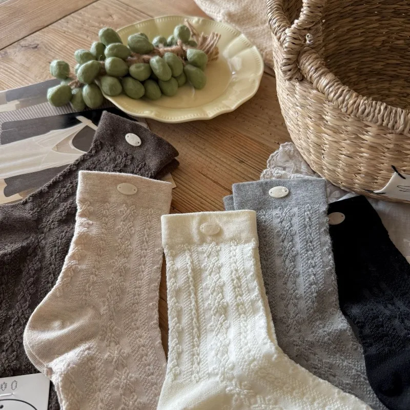 5 Pairs Autumn Winter Solid-Color Mid-Calf Knit Socks Women Korean Style Women's Cotton Socks Set Adult Hosiery High Quality