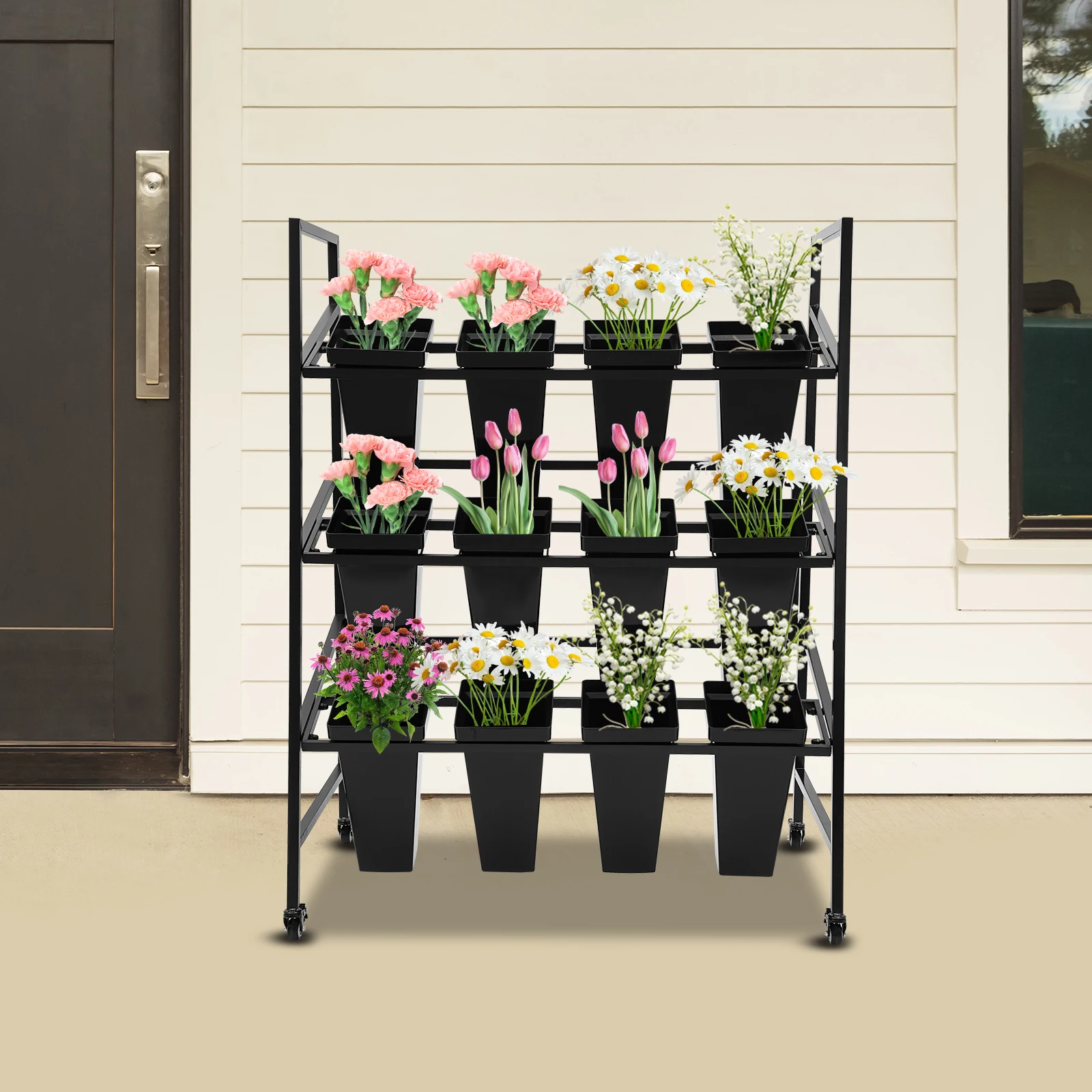 

Flower Display Stand 3-Tier Flower Holder Flower Display Stand with 12 Pieces Buckets 30kg Load Capacity Use In Homes/Florists/Home Balconies/Gardens