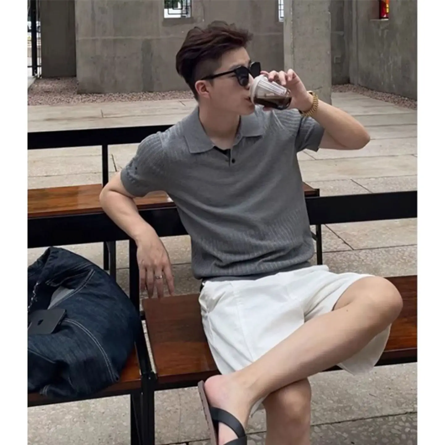 2026 Summer New Style Men's Light-Weight Mature Style Checkered Stripes Open-Weave Knitted Polo Shirt Short Sleeve