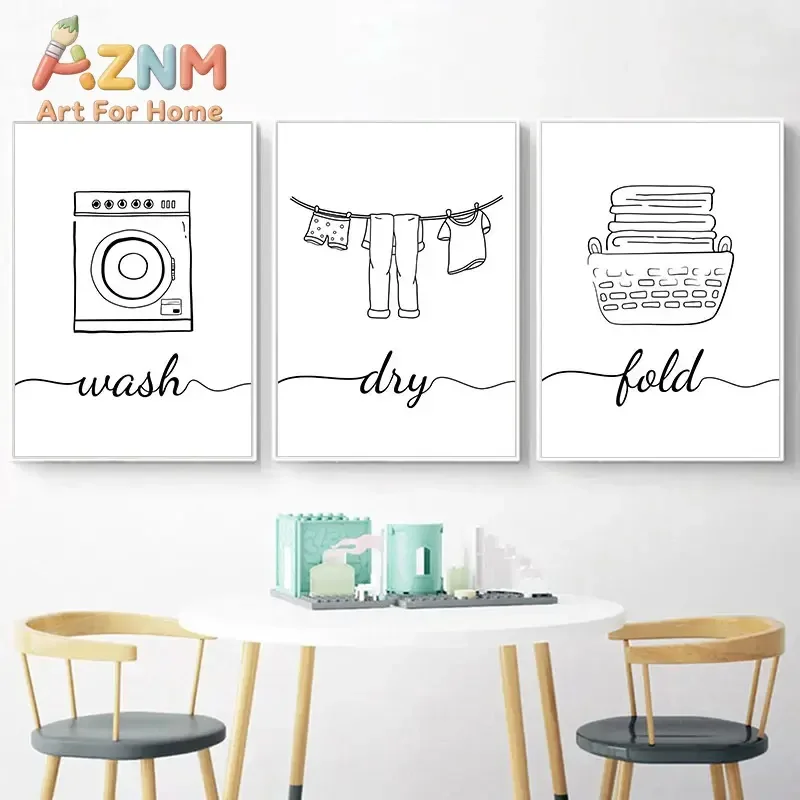 AZNM Frameless Canvas Wall Art Laundry Room Line Art Wash Dry Fold Quote Print Washing Machine Clothes Basket Minimalist Decor P