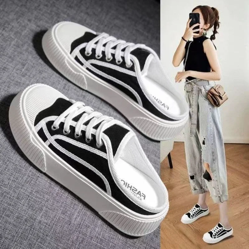 Summer 2024 Sneakers Sports Shoes Slides Women\'s Slippers and Ladies Sandals Cotton Green Platform Mules Thick Korea Style Trend