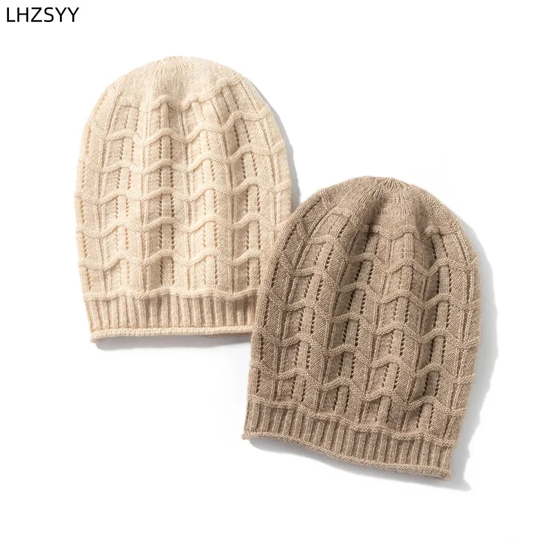 

LHZSYY 2024 100% Pure Cashmere Hats Ladies Spring and Autumn Hollow Baotou Hats Knitted Cashmere Ear Protection Pile Cap Unisex