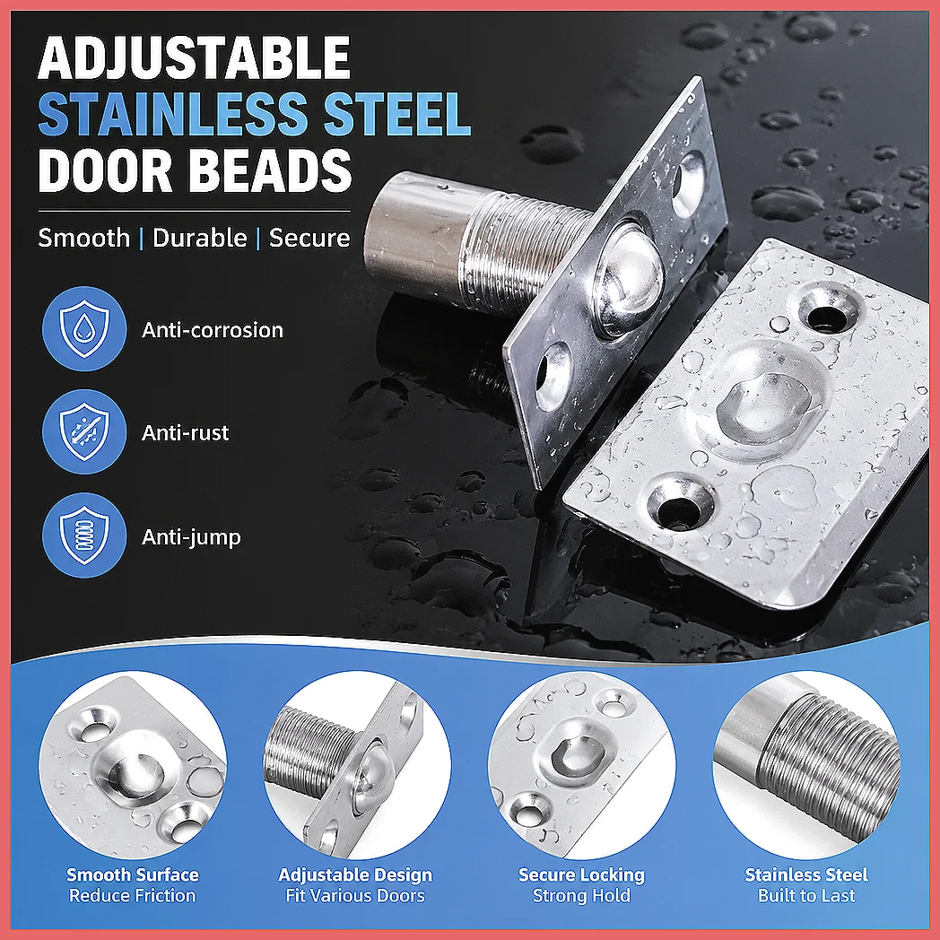 1Set Adjustable Ball Catch Door Latch, Spring Roller Ball Door Stopper with Screws, Cabinet Closet Furniture Hardware, Silver