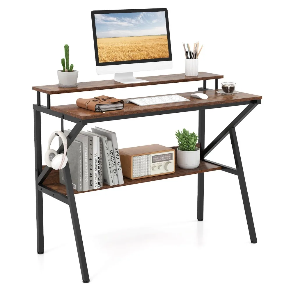 Home Office Desk w/Monitor Stand, Open Shelf & Metal Frame, Earphone Hook