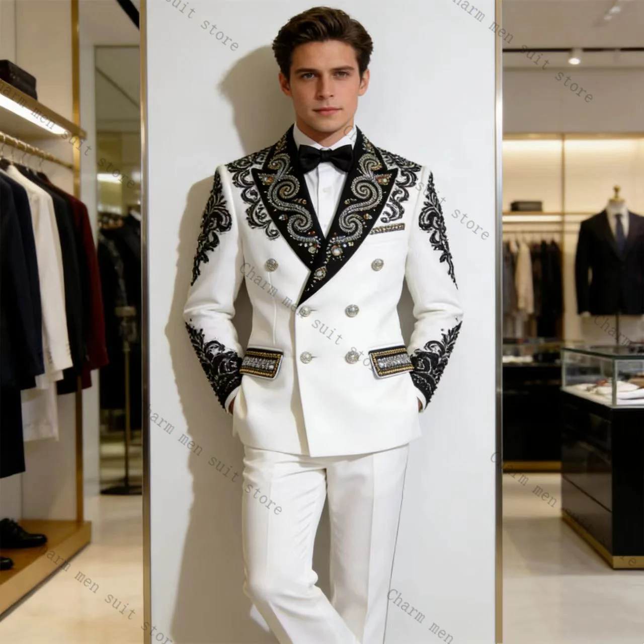 

Glitter Crystals White Men Suits Set 2 Pcs Blazer+Pants Trousers Luxury Wedding Tuxedo Formal Office Business Groom Jacket Coat