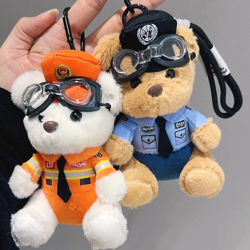 New Model Net Red Traffic Police Bear Pendant Lifelike Plush Toy Doll Cute Fire Police Bag Pendant Keychain Doll Kids Gift