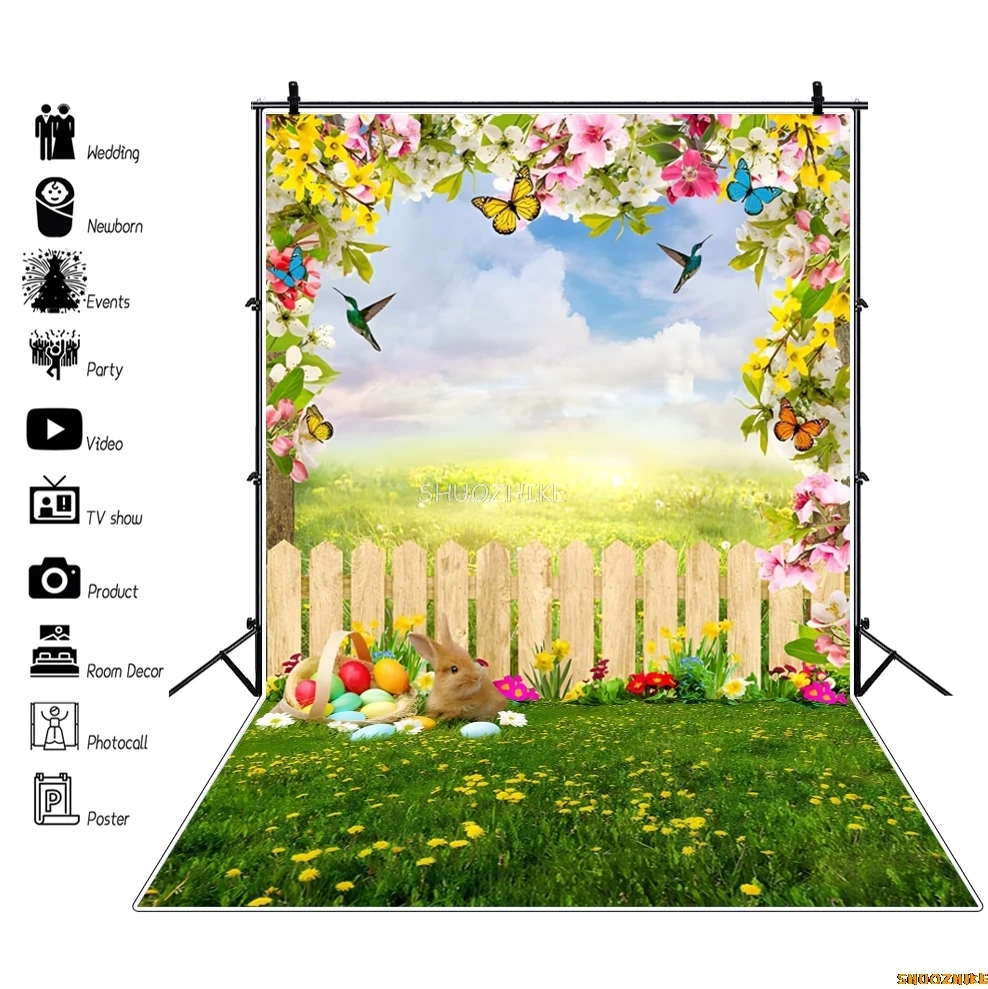 Spring Easter Backdrop Eggs Bunny Flowers Grassland Wood Floor Baby Birthday Party Kids Portrait Photography Background Decor