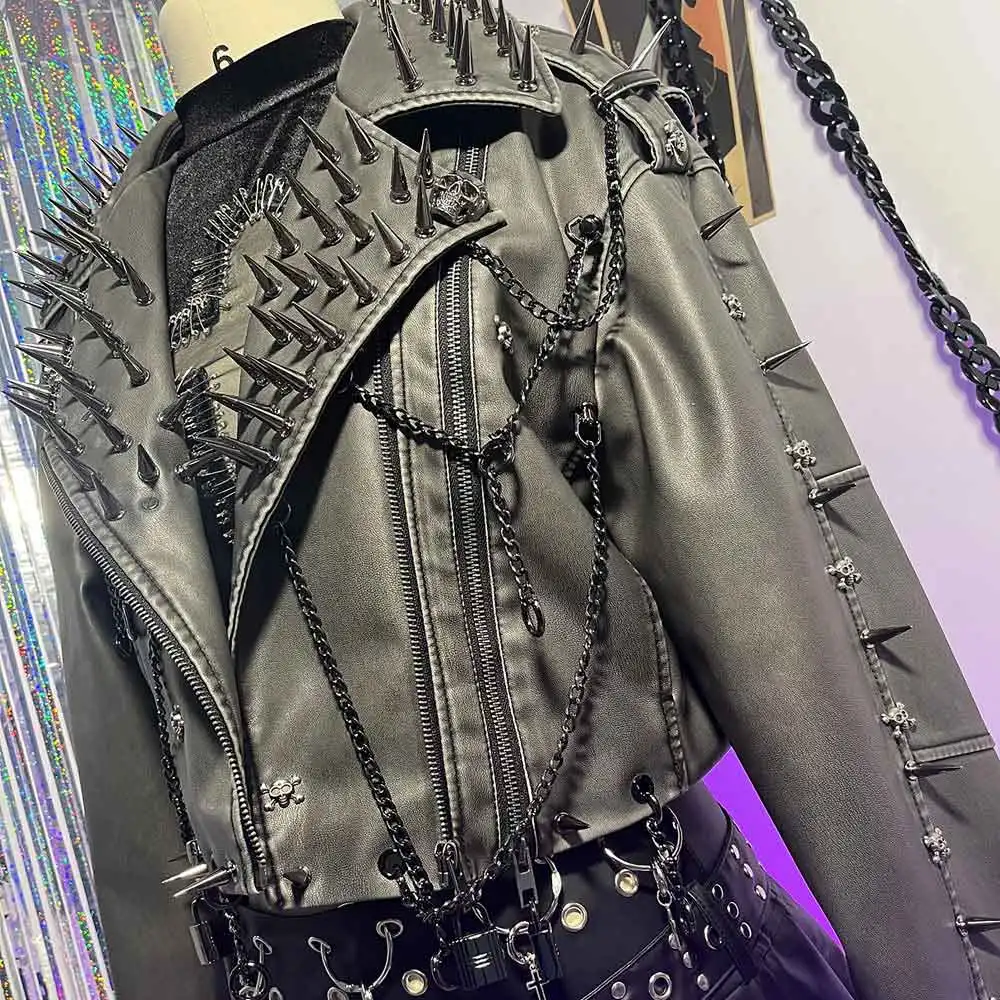 معطف سبايك مرصع برشام Y2K بولي Leather سترة جلدية Harajuku الجرونج القوطية القوطي خمر الشرير الصخرة سلسلة العصرية E-الفتيات ايمو