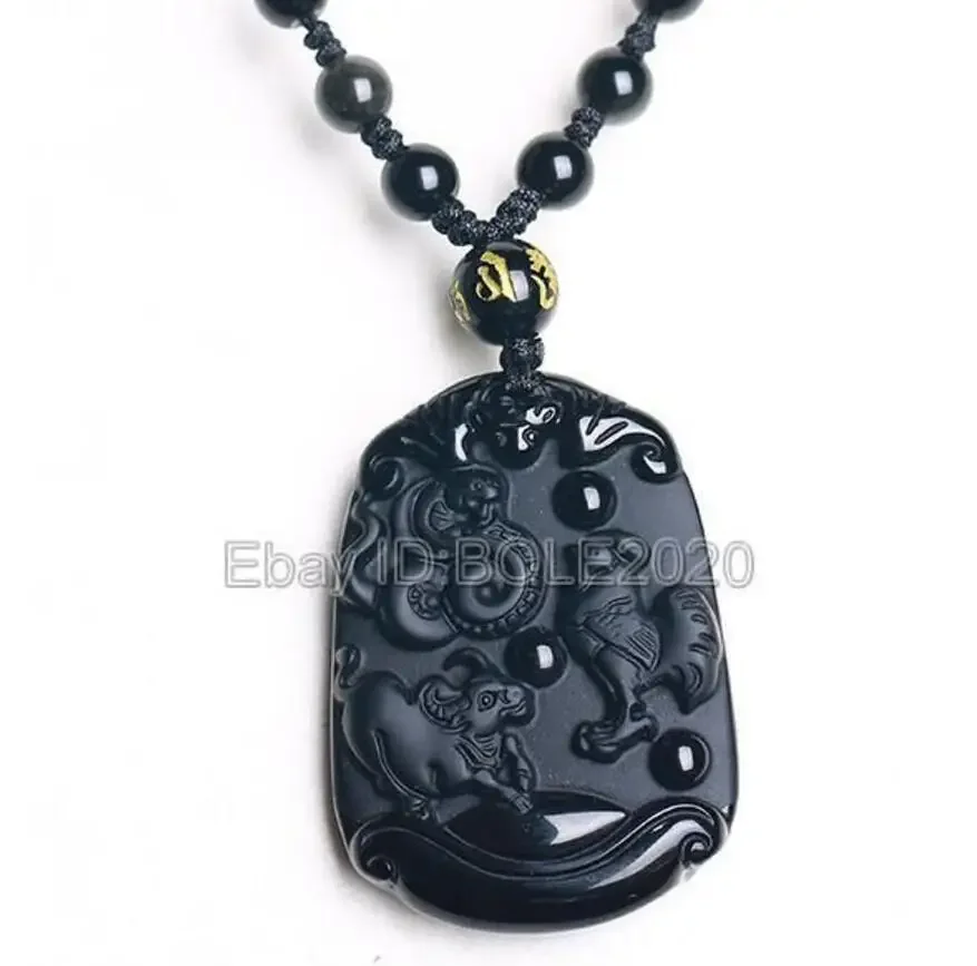 Natural Black Obsidian Hand Carved Snake Cock Ox Lucky Pendant + Rope Necklace