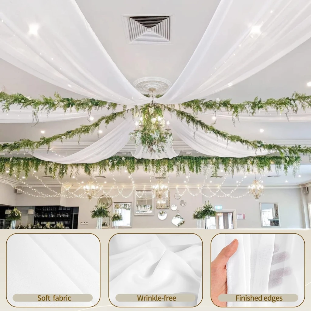 

Wedding Dress Ceiling Drapes Roof Canopy Decor Draping White Chiffon Ceiling Draping Fabric Parties Wedding Hall Ceremony Decor