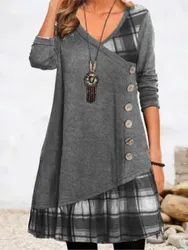 Autumn Winter New Women's Sexy V-neck Fashionable Checkered Patchwork Button Long Sleeved Irregular Casual Comfortable Dress
