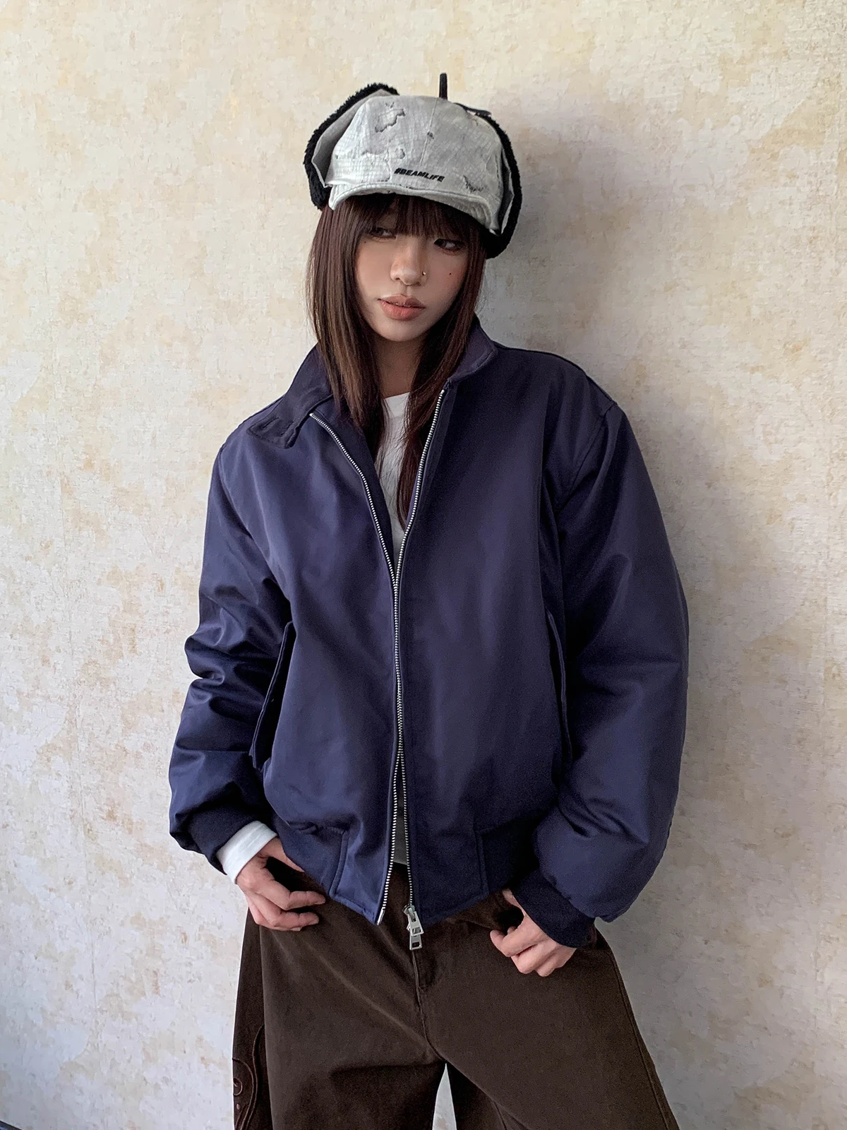 

Aket American Retro Thiened, свободная посадка с воротником-стойкой, куртка-бомбер, однотонная хлопковая женская верхняя одежда, пальто