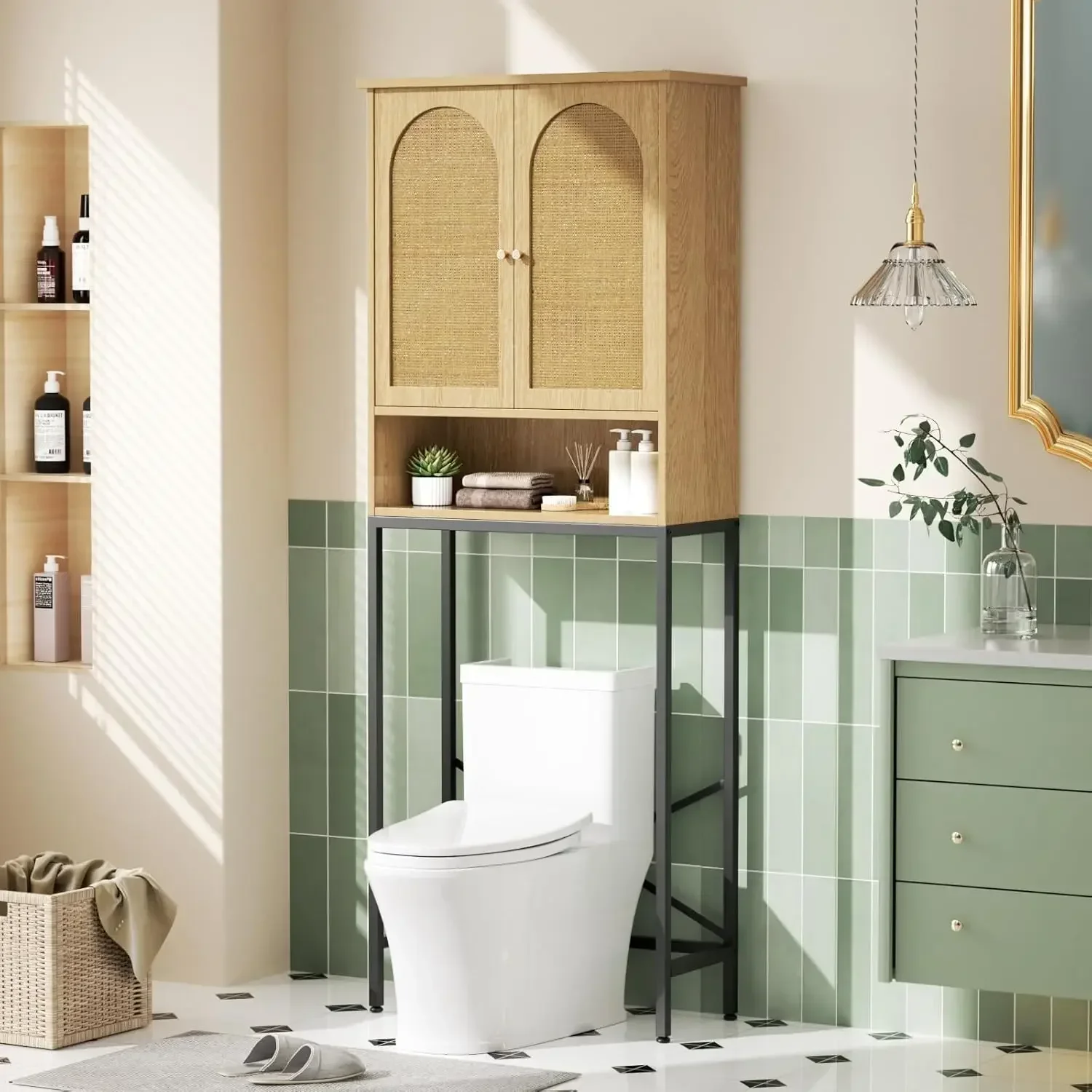 

Rattan Toilet Storage Cabinet,Over the Rack Wood Cabinet with Metal Stand,Bathroom Organizer with Adjustable Shelf,Natural style