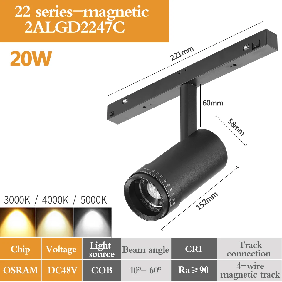 Lampe sur rail magnétique LED zoomable, Zigbee, gradation, 48V, n'aime, budgétaire magnétique, 10W, 20W, bande linéaire Dali, mise au point réglable