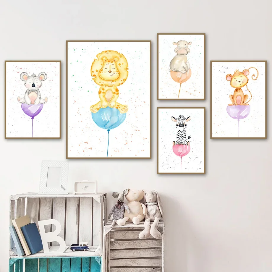 

Lion Giraffe Elephant Zebra Monkey Balloon Wall Art Print Canvas Painting Nursery Nordic Poster Wall Pictures Kids School Decor