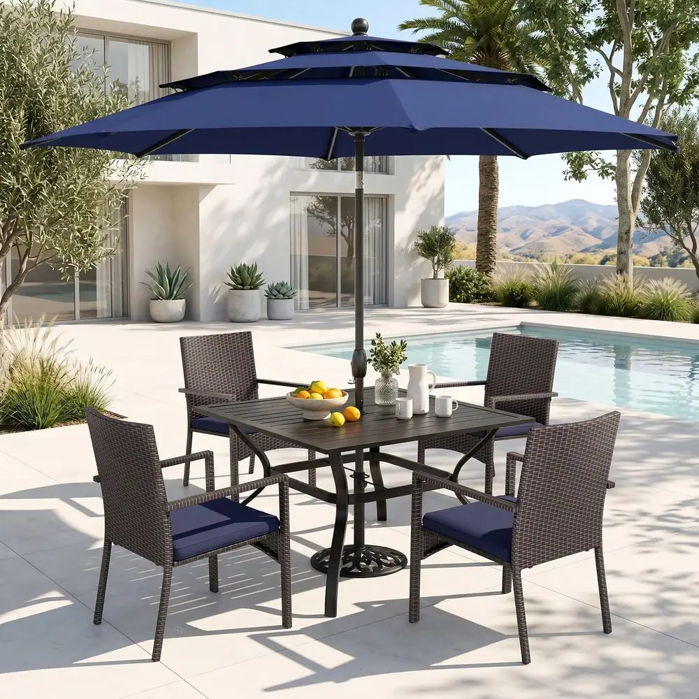 

5 Piece Outdoor Dining Set with Umbrella, 37 Square Metal Dining Table amp Cushioned Rattan Chairs with 10ft Blue Umbrella for