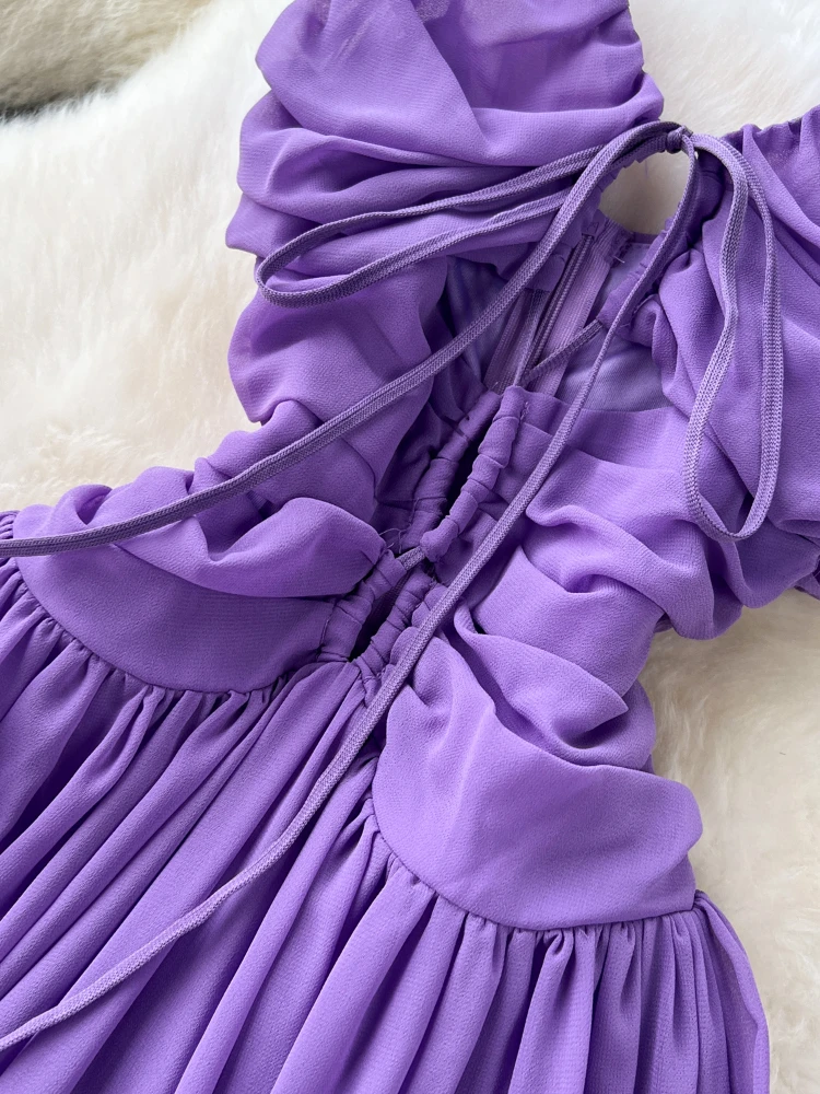 Women Purple Long Dress Summer Hollow Sexy V-neck Hanging Beach Dresses French Pleated Backless Boho Long Robe Vestidos