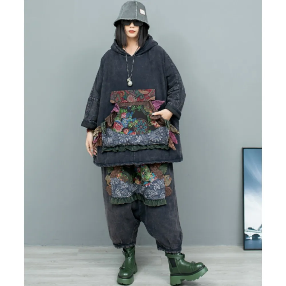 Linen Hooded Cotton Jacket + Pants Two-piece Set Women Winter Hand Embroidered Old Fabric Loose Pant Set LX2737