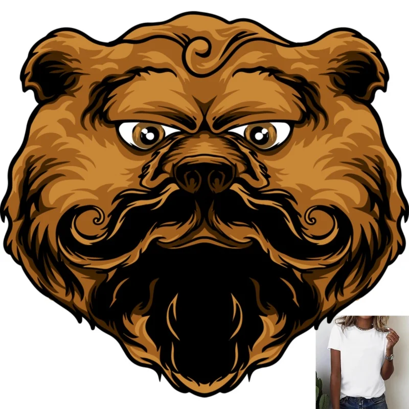 Trendy Cartoon Bearded Brown Bear Heat Transfer White Ink Iron - on Patch, Suitable for T - shirts, Canvas Bags & Casual Items,