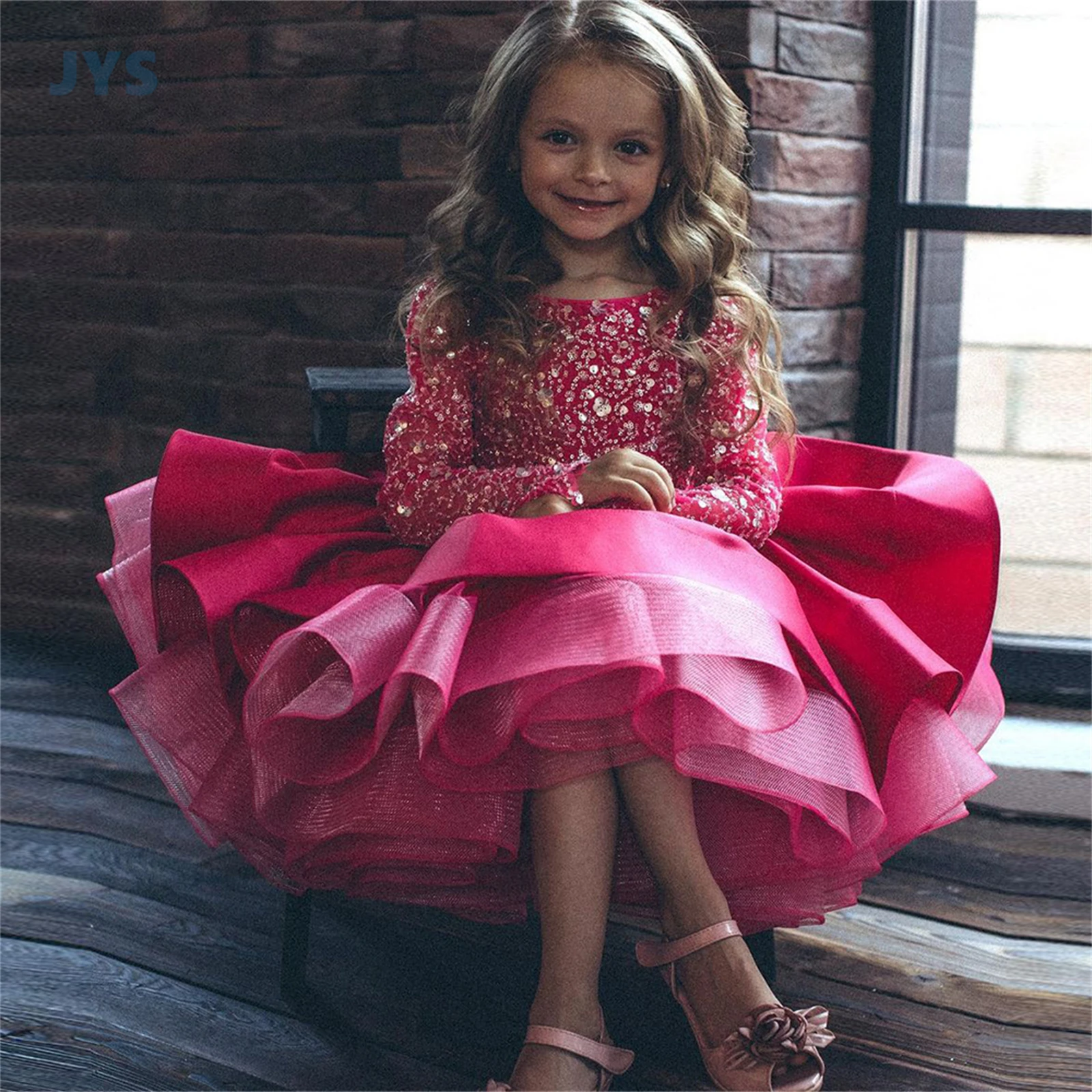 

JYS Fuchsia Flower Girl Dress Sparkling Full Sleeve Beading Sequin First Communion Gown Mini Party Pageant Gown